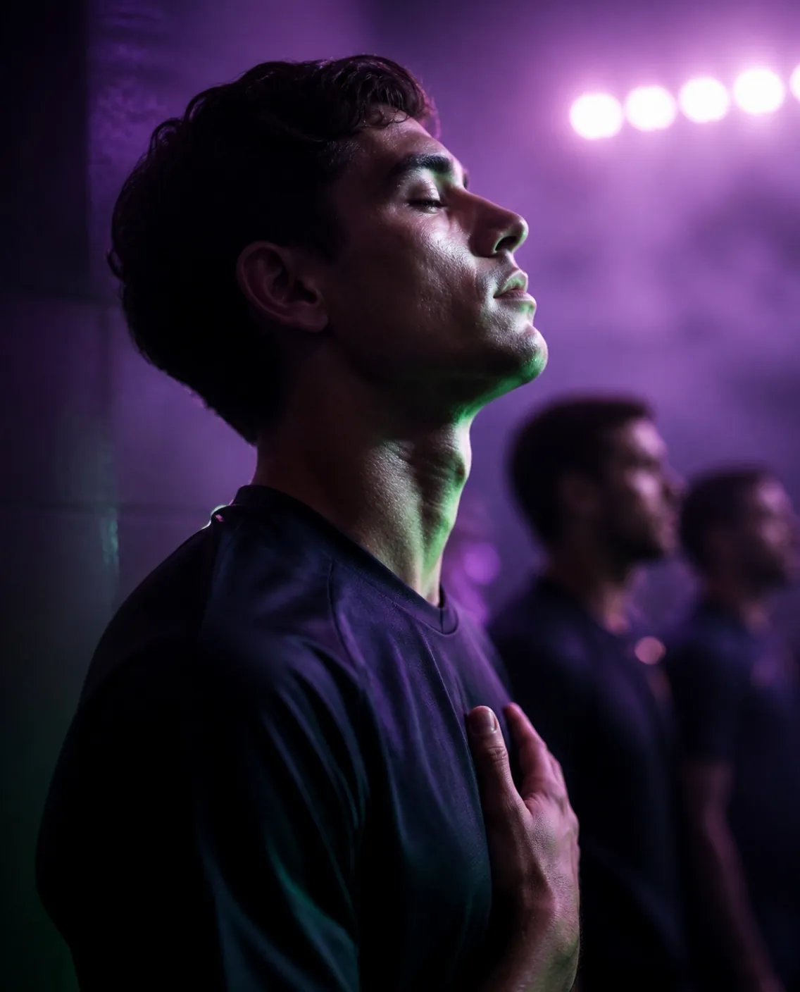 Un futbolista respira con los ojos cerrados en el túnel antes del partido