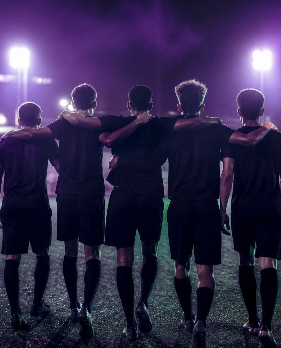Cinco futbolistas de espaldas, abrazados, salen juntos al campo de noche