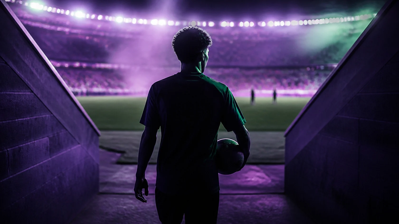 Un futbolista sale del túnel hacia un campo iluminado de noche, con el balón bajo el brazo