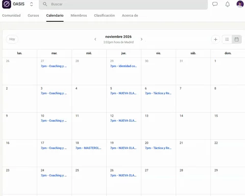 Calendario de noviembre de OASIS en Skool, con varios directos cada semana